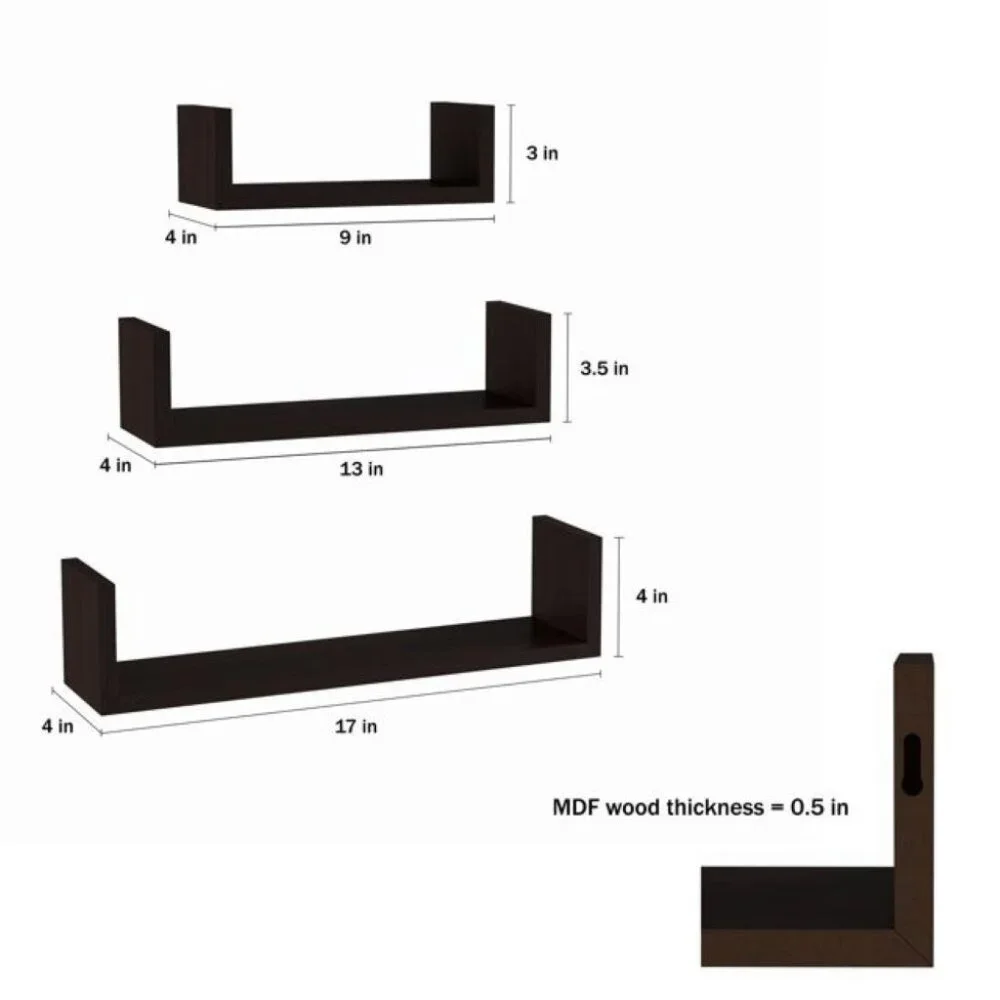 NEW - Set Of 3 Brown U-Shaped Floating Shelves